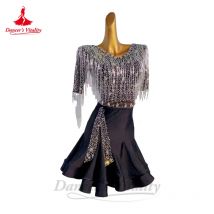 Latin Dance Performance Kleid für Frauen halbe Ärmel Spandex ab Steine Rumba Chacha Competiton Kleidung Erwachsenen Kind Latin Rock