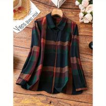 2025Plus Size Vintage-Farbblock-Hemd: Button-Down-Bluse mit kontrastierendem Kragen und langen Ärmeln für den lässigen Retro-Büro-Stil