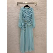 Round neck long sleeved patchwork floral embroidery slim fit women's dress elegant classic party vacation women's long skirt