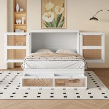 KOMHTOM Schrankbett 140x200 cm Wandbett mit Lattenrost, vertikales Wandklappbett mit Stauraumschubladen, Rattan-Design
