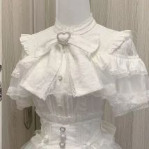 Camicia con fiocco Lolita giapponese Camicie subcoliche Camicetta a maniche corte a maniche lunghe in pizzo bianco e nero carino da donna