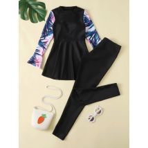 Kinder Mädchen zweiteiligen Badeanzug Bade bekleidung gedruckt Langarm Flare Manschetten Top Kleid Badeanzug mit Badehose Rash guard Set