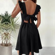 Schwarzes Rüschenkleid mit Fliege hinten, sexy Damenkleid, rückenfrei, ärmelloses Kleid mit Neckholder, A-Linie, Strandurlaubskleider