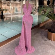 Sexy Neckholder-Abendkleid, rosa, kleine Perlen, hoher Schlitz, Tüll, Cocktailkleid, Ballkleid, Partykleid, Kleid für besondere Anlässe