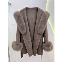 2025 Winter Frauen Natürliche Fuchs Pelz Kragen Mit Kapuze Wolle Woolen Jacke Kaschmir Gürtel Mantel Echtpelz Damen Oberbekleidung Mantel