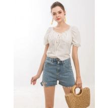 Bella Philosophy Neue Damen-Baumwollblusen, gerüscht, Puffärmel, kurzärmelig, weißes Leinenhemd, Tops, quadratischer Kragen, Ramie-Hemd, Blusas