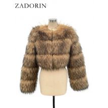 ZADORIN High Quality Cropped Faux Raccoon Fur Coat Women Winter Fashion O Neck Long Sleeve Fluffy