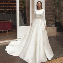 Elegantes Brautkleid aus Satin mit Applikationen und langen Ärmeln, A-Linie, bodenlanger Gürtel, Brautkleid, einfache Brautkleider mit offenem Rücken und Reißverschluss