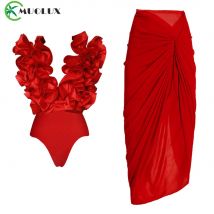 MUOLUX 2024 Sexy Red One Piece Shoulder Swimsuit 3D Flower Print Vintage Monokini Bodysuit Women's Beach Bathing Suit with Skirt