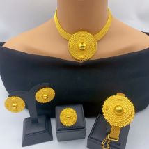 Ethiopian 24k Gold Color Charm Necklace Earrings Set For Lady Africa Big Pendant Choker Jewelry Wedding Party Accessories