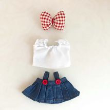 Labubu Outfit Clothes Dress with Red Bow & Denim Straps - Baby Doll Clothes for 17cm Labubu Dolls Accessories DIY Toys