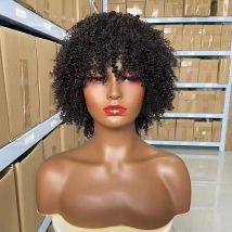 Afro verworrene lockige Echthaar-Perücken für schwarze Frauen, 4A, kurze verworrene lockige Perücke mit Pony, kurze lockige Echthaar-Perücke, maschinell hergestellte Perücke