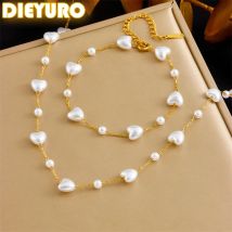 DIEYURO 316L Stainless Steel White Irregular Heart Pearls Necklace Bracelet Women New Trend Golden Love Non-fading Jewelry Set