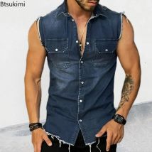 Neue 2026 männer Sommer Denim Weste T Shirts Revers Tasche Ärmellose Tank Top Hip Hop Jean Jacke Weste Mantel muscle Herren Tops
