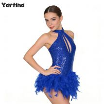 Womens Glittery Sequins Feather Latin Jazz Dance Leotard Dress Tango Latin Dancewear Halter Backless Keyhole Front Rumba Dress