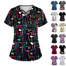 Plus Size Bedruckte Scrub-Arbeitsuniform-Oberteile für Damen, Kreuz-V-Ausschnitt, Halloween-Druck, kurzärmelig, lustige T-Shirts, Arbeitskleidung, T-Shirt