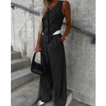 Black Vest Pant Sets Women Sleeveless Button V-neck Waistcoat 2 Pieces Set 2025 Womens Elegant Top & Trouser Suits Daily Clothes