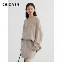 CHIC VEN Mode Frauen Rock Set Pullover Lose Neue Mini V-ausschnitt Solide Pullover Gerade Bein Röcke Frühling Herbst 2024