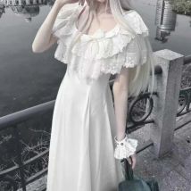 Gothic Fashion Sweet Lolita Weiße Spitzenkleider Y2k Schlanke Taille Kurzarmkleid für Frauen 2025, Sommer, Neu, Bodenbildung, Vintage