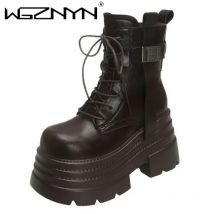 New Women Goth High Platform Ankle Boots Winter Warm Fur Chunky Snow Shoes Lace-up Sneakers Woman Leather Motorcycle Botas Mujer