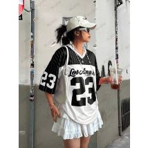 Sommer Neues Los Angeles 23. Print T-Shirt für Frauen V-Ausschnitt Kurzarm Mesh Sport Fußball Jersey Y2K Lose Übergroße Tops