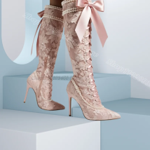 Rosa Spitze Perle Dekor Stiletto Stiefel Bowknot Dekor Spitz Süße Stil Frauen Party Kleid Knie Stiefel 2025, Zapatos Para Mujere