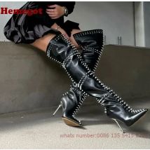 Silber-Nieten-Stiletto-Oberschenkelhohe Stiefel mit spitzer Zehenpartie, lange Damenstiefel mit Reißverschluss hinten, schwarz, glänzend, luxuriöse Gladiator-Schuhe, warm