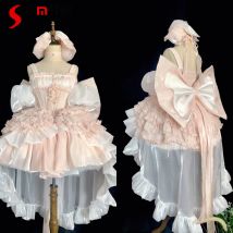 Damen Französisches Prominenten-Rosa-trägerloses Kleid, elegantes Prinzessin-Ballkleid-Kleid mit großer Schleife und nachlaufendem süßem Lolita-Kleid