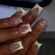 24 Pcs Medium Square False Nail Set with Glue Girls Sweet Heart White French Artificial Duck Nails Press Ons Acrylic Nail Tips