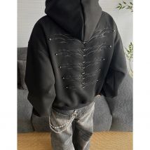 American Retro Spine Embroidered Metal Rivet Pullover Hooded Sweatshirt Men Women High Street Hip-Hop Loose Casual Streetwear