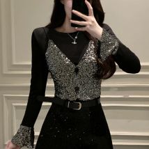 2025 herbst Patchwork Pailletten Tops Gefälschte Zwei-stück Langarm T-shirt Slim Fit Rundhals Schwarz Casual Frauen hemd