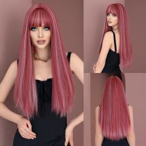 NAMM Lange gerade rosa Perücken mit Pony für Frauen Highlights weiß Beliebte süße synthetische Perücke für das tägliche Cosplay