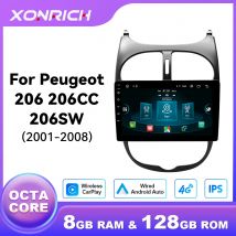 Android 14 Wireless CarPlay Android Auto Lettore multimediale per auto per Peugeot 206 206CC 206SW 2001-2008 GPS 4G Wifi DSP RDS