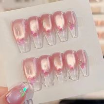 10 Stück Aurora Cat Eye handgemachte Nägel zum Aufdrücken, rosa Kirschblüten-Kunstnägel, Kristallblume, Perle, künstliche Nägel, französischer Sargnagel