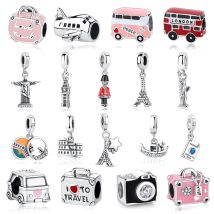 Original 925 Sterling Silber Charms Perlen Flugzeug Bus Reise Pflastern CZ Fit Pan Armbänder Armreifen Halsketten Für Frauen DIY Schmuck