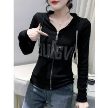 #7937Black Grey Women Hoodies Sweatshirt Tops Pullovers Diamonds Letters Slim Streetwear Short Hoodies Woman Zipper Korean Style