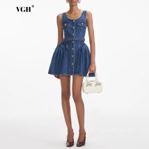 VGH Vintage Neues Patchwork-Kurzkleid aus Denim mit Schnürung für Damen, Rundhalsausschnitt, ärmellos, hohe Taille, gespleißte Knöpfe, Kleider für Damen