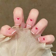24 Stück kurze französische künstliche Nägel aus Acryl mit weißen Kanten, rotes Liebesherz, Glitzer, zum Aufdrücken der Nägel, abnehmbare und wiederverwendbare Tipps für künstliche Nägel