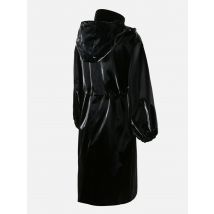 Mauroicardi Frühlings-Schwarzer langer wasserdichter, glänzender, reflektierender PVC-Kunstledermantel für Damen mit abnehmbarer Kapuze, Y2K-Streetwear