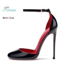 Black Patent Leather Women Ankle Strap Stiletto Pumps 10cm 12cm Professional High Heels Pointed Toe Sexy Summer Buckle Sandals