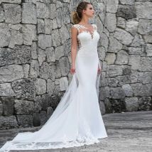 Elegantes sexy Meerjungfrau-Spitze-Hochzeitskleid 2023, Illusion-Rücken, ärmellose Spitze, Applikationen, Brautkleider für die Braut, Vestidos De Noiva