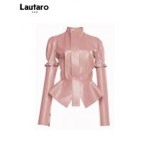 Lautaro Frühling Herbst Kurze Stilvolle Chic Rosa Glänzende Reflektierende Patent Pu Leder Jacke Frauen mit Abnehmbaren Langen Ärmeln 2023