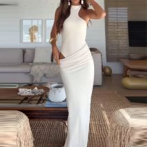 Mode Hohe Taille Drapierte Party Kleid Elegante O Neck Aushöhlen Schlank Wrap Hüfte Kleid Frauen Casual Ärmellose Feste Lange Kleider