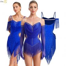 Frauen Tango Tanz Rhythmisches Kleid Personalisierte Ärmellose Strass Quasten Trikot Latin Rumba Cha-Cha Gymnastik Wettbewerb