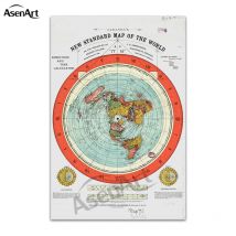 Flat Earth Map Scroll Canvas Poster Gleason's New  Of The World With Wooden Hanger Frame Wall Painting Picture Room Decor