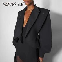TWOTWINSTYLE Black Spliced Sashes Minimalist Jacket Female Stand Collar Lantern Sleeve High End Women's Jackets Autumn Fashion