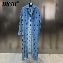 HKSH 2025 Frühling Sommer Neue Drehen Unten Kragen Langarm Graben Diamant Plaid Aushöhlen Jacke Schwere Industrie Denim Mantel HK1764