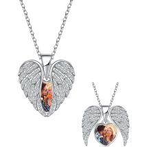 Personalized S925 Photo Heart Locket Necklace Angel Wings Memorial Necklace with Picture Mother Girlfriend Anniversary Gift