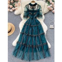Hohe Qualität Mesh Stickerei Vintage Grüne Kleider Frauen Kleidung Drehen-unten Kragen Kurzarm Elegante Abend Party Kleid