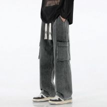 Vintage Y2K Taschen Baggy Jeans Männer Amerikanischen Stil Streetwear Gerade Denim Cargo Hosen Solide Gewaschen Elastische Taille Pantalones